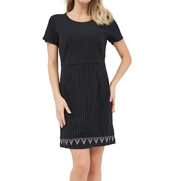 DESIGUAL  Pinstripe Lace Shoulder & Embroidered Hem Black Sheath LBD Dress EU 40 - Picture 2 of 11